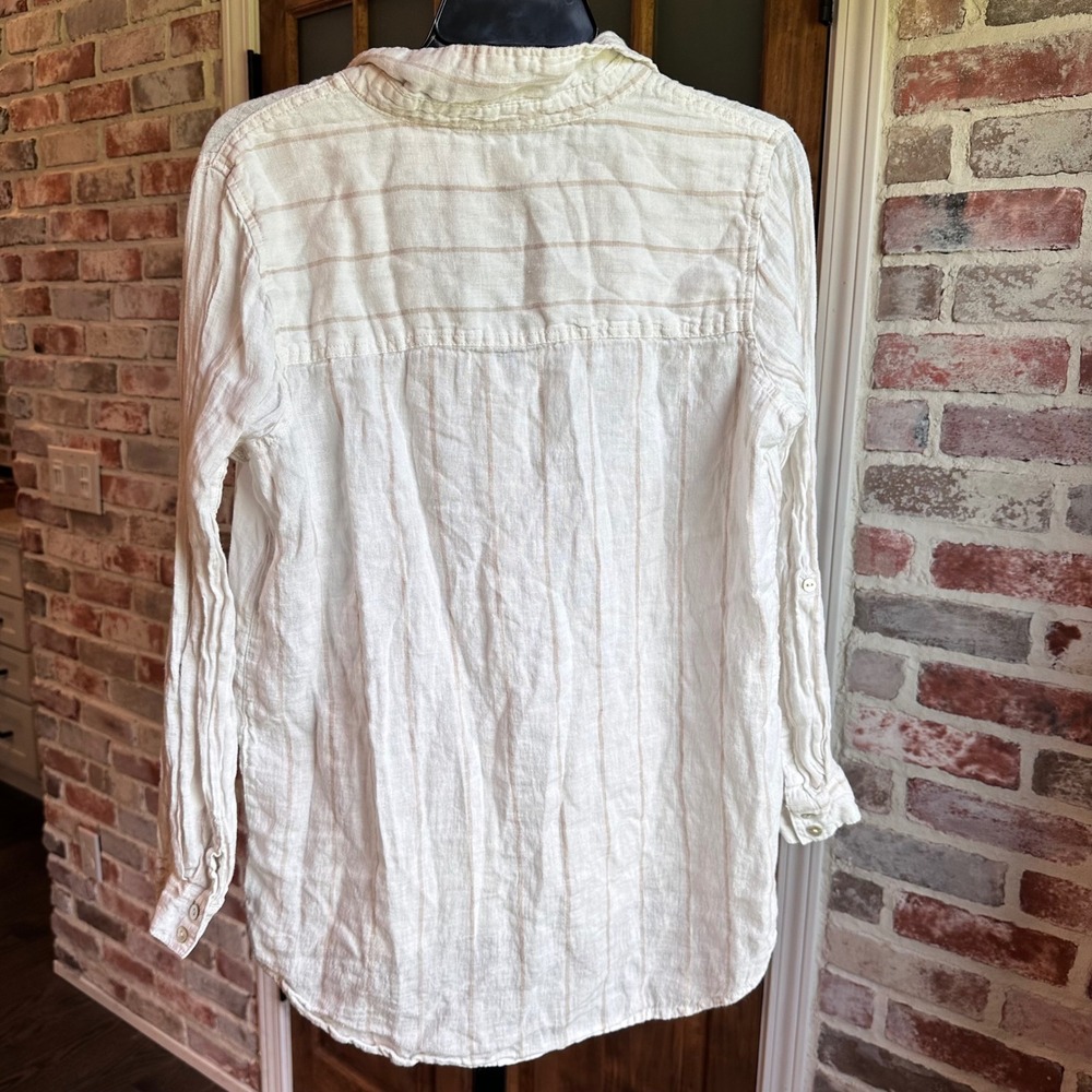 Sigrid Olsen Button Up Women White Striped Linen Roll Tab Sleeve Shirt Size M - Picture 2 of 7